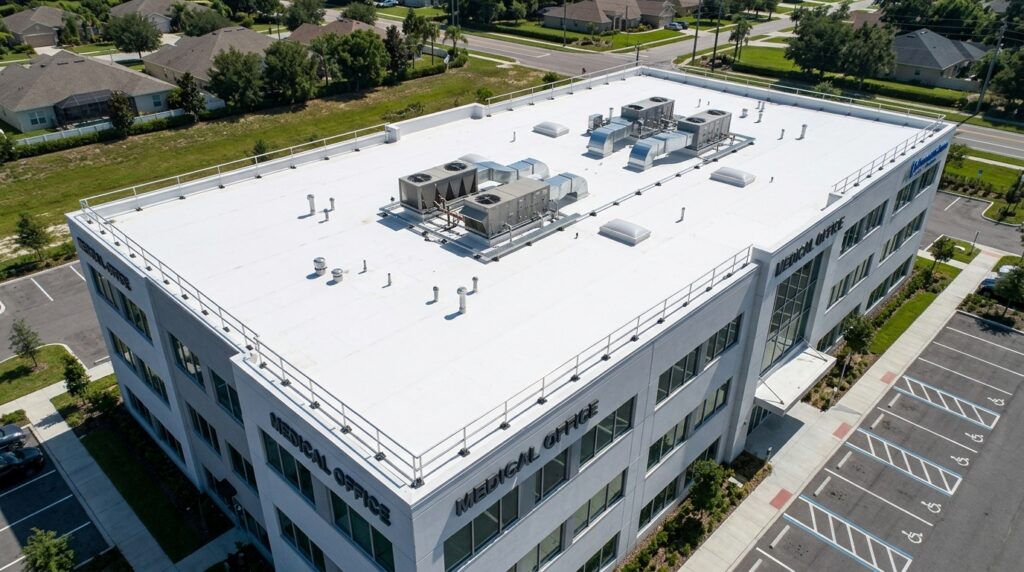 Aerial view of a three-story office building with a white flat membrane roof