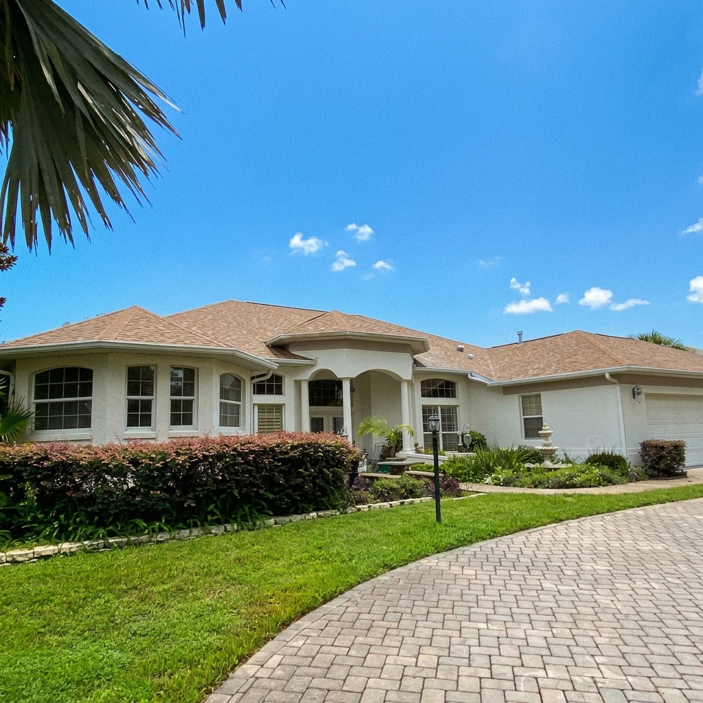 Stucco Florida home with a new tan architectural shingle roof under a blue sky