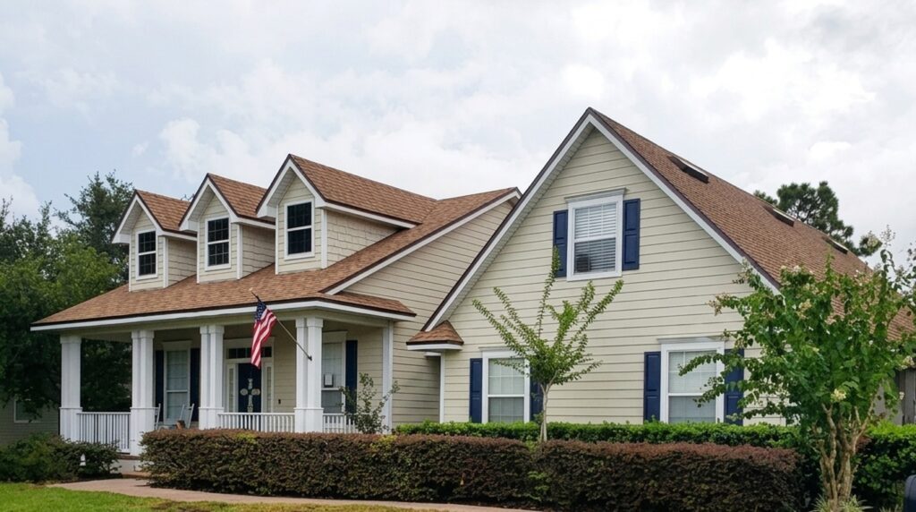 Two-story home with dormers and a brown architectural shingle roof