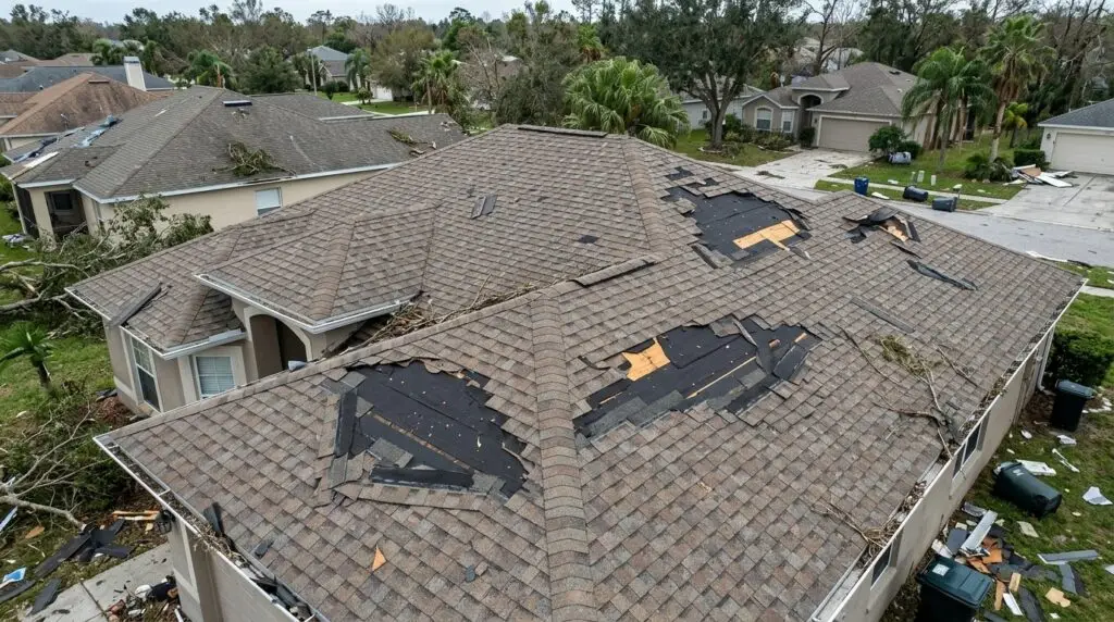Shingle roof with sections torn away after a hurricane, exposing underlayment
